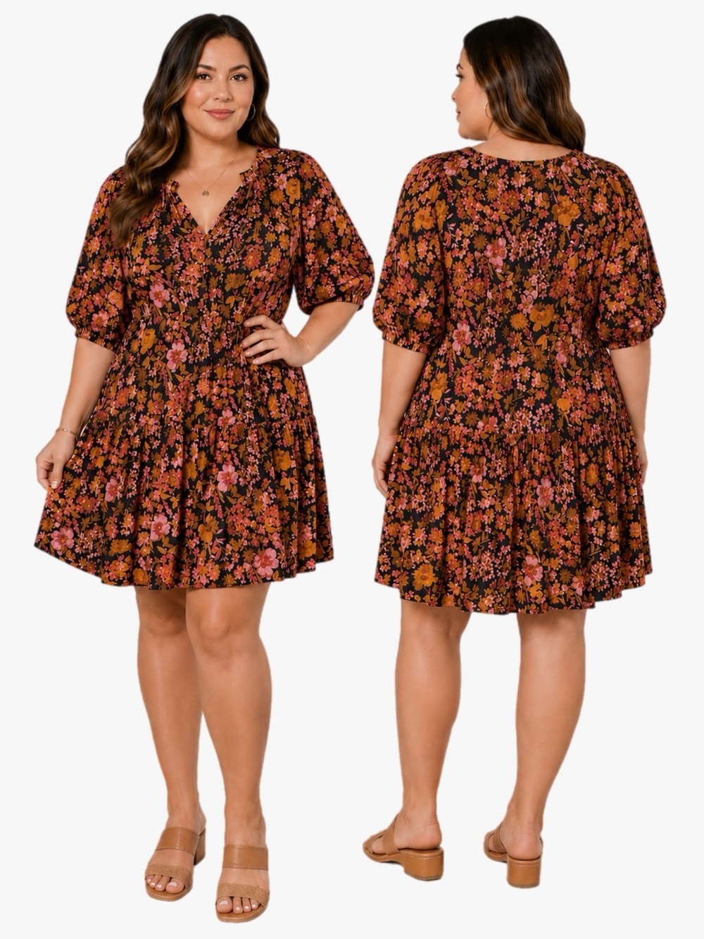 Loft Floral Tiered V-Neck Swing Dress Pink & Mustard Women’s Size XL